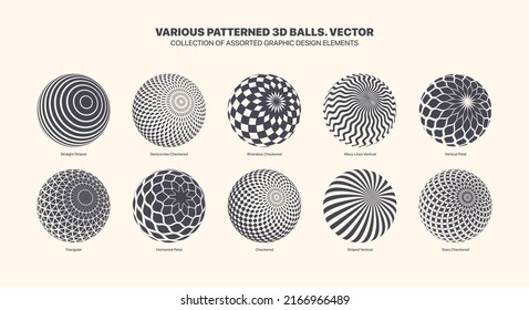 Assorted Various Vector Patterned 3D Balls In Tilted Position Set Isolated On White Background. Black White Graphic Variety Three Dimensional Spheres With Different Patterns Design Elements Collection