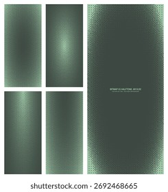 Assorted vector bitmap sage green halftone pattern set in vertical 9:20 aspect ratio including oval frame and various smooth textures. Varied 8bit retro futuristic style textured design element bundle