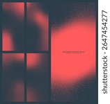 Assorted vector black noise red black halftone pattern set in vertical 9:20 aspect ratio including smooth blurred frame and various textures. Different half tone grainy textured design elements bundle