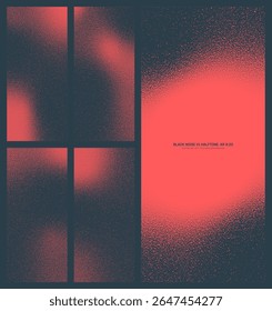 Padrão de meio-tom preto vermelho de ruído preto de vetor sortido definido na taxa de proporção vertical de 9:20, incluindo quadro borrado suave e várias texturas. Diferente meio tom granulado elementos de design texturizados feixe