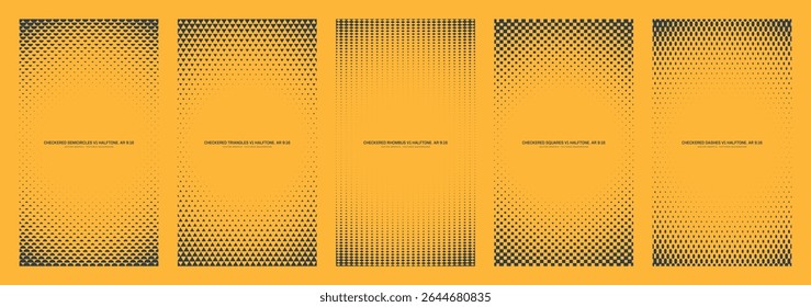 Assorted vector black yellow halftone pattern round frames set in vertical 9:16 aspect ratio including checkered semicircle, triangle, rhombus, square and dash grids. Various half tone textured design