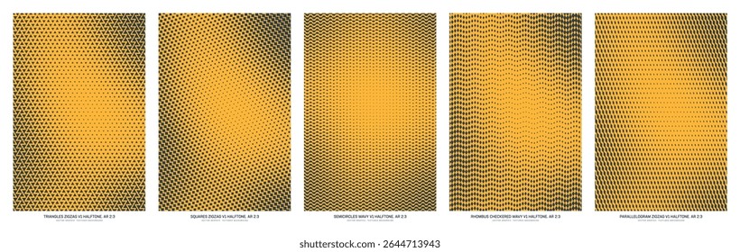 Assorted vector black yellow halftone textures set in vertical 2:3 aspect ratio including zigzag triangle, square, parallelogram and wavy semicircles and checkered rhombus grids. Half tone design