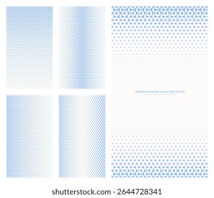 Padrão de meio-tom azul branco de grade hexagonal de triângulos de arco de vetor sortido definido na taxa de proporção vertical de 9:16, incluindo quadro desbotado e várias texturas. Conjunto de elementos de design gráfico de meio tom variado