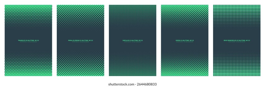 Quadros desbotados de meio-tom azul-turquesa de vetor sortido definidos na proporção vertical de 2:3, incluindo triângulo, paralelogramo, circular, cruz e semicírculo. Vários projetos texturizados de meio tom