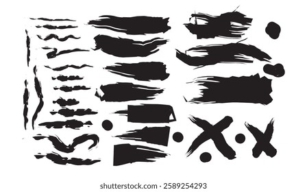 Assorted vector brush strokes and splatters in black ink for artistic design elements, ideal for adding expressive textures or accents to graphic projects