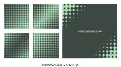 Assorted vector checkered rounded rhombus grid sage green halftone pattern set in square 1:1 aspect ratio including diagonal frame and various leaning textures. Varied half tone design elements bundle