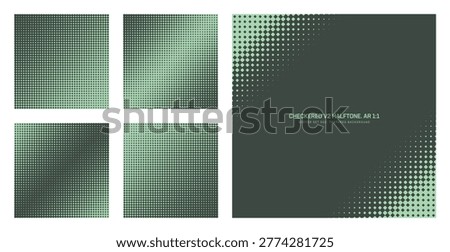 Assorted vector checkered rounded rhombus grid sage green halftone pattern set in square 1:1 aspect ratio including diagonal frame and various leaning textures. Varied half tone design elements bundle