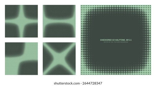 Padrão de meio-tom verde de grade de quadrados arredondados quadriculados quadriculados com vetor sortido definido em uma taxa de proporção de 1:1 quadrado, incluindo quadro redondo e várias texturas. Pacote de elementos de design texturizado de meio tom moderno variável