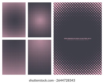 Vetor variado quadriculado semicírculos boho grade angular preto violeta meio-tom padrão definido na vertical 2:3 taxa de proporção, incluindo quadro redondo e várias texturas. Elementos de design de meio tom variados