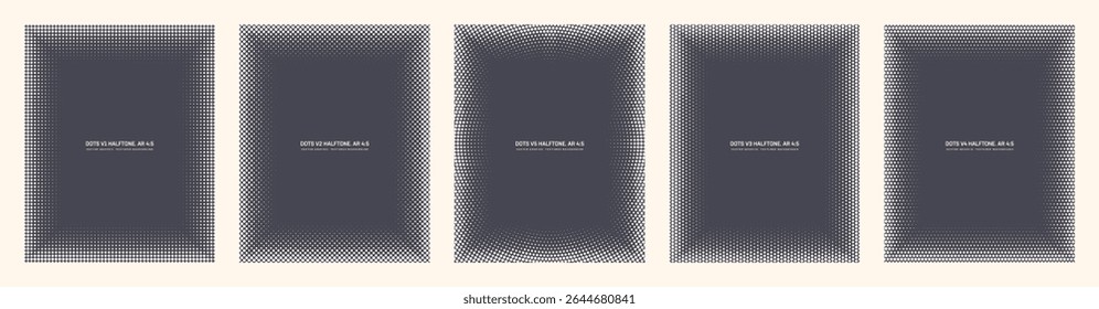 Assorted vector classic dotted halftone patterns set of five rectangle frames in vertical 4:5 aspect ratio. Various half tone textured retro styled abstract design elements collection. Offset printing