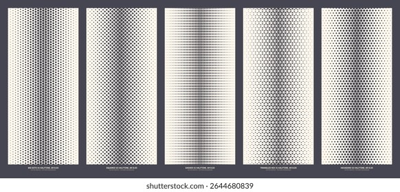 Assorted vector classic halftone faded textures set in vertical 9:20 aspect ratio including big dots, squares, dashes, triangular and hexagonal grids. Modern half tone patterns design elements bundle