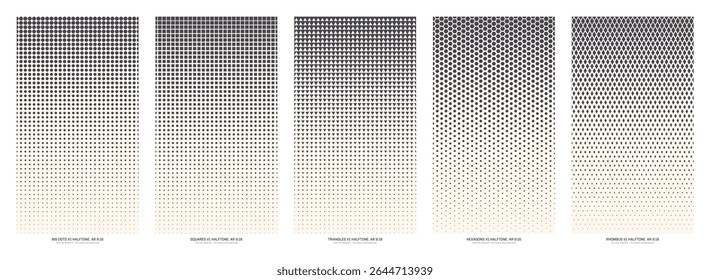 Assorted vector classic halftone faded textures set in vertical 9:16 aspect ratio including big dots, squares, checkered triangles, hexagons and rhombus grids. Half tone patterns design element bundle