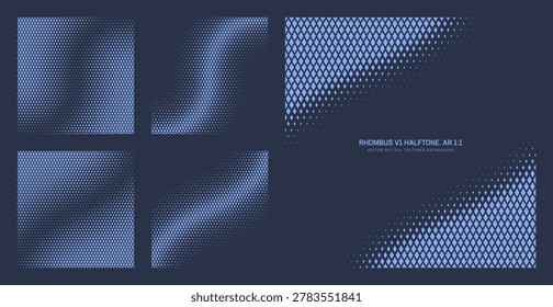 Assorted vector dark navy blue rhombus grid halftone pattern set in square 1:1 aspect ratio including twisted frame and diagonal bent borders. Half tone futuristic graphical design elements collection