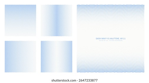 Padrão de meio-tom azul claro de grade ondulada traço vetorial sortido definido em uma taxa de proporção quadrada de 1:1, incluindo quadro desbotado e várias texturas. Linhas curvas texturizadas pontilhadas versátil design elementos bundle