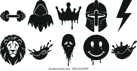 Assorted vector graphic elements featuring fitness dumbbell hooded character helmet lightning bolt lion face and mask.