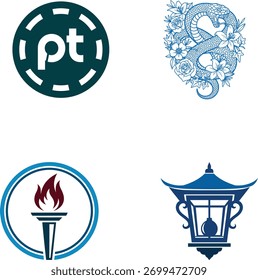 Gráficos de vetor sortidos com tocha de flores de serpente e lanterna asiática