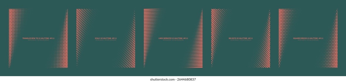 Assorted vector halftone angled frames set in square 1:1 aspect ratio including triangles, scale, serrated lines, big dots and squares grids. Various half tone textured abstract modern design elements