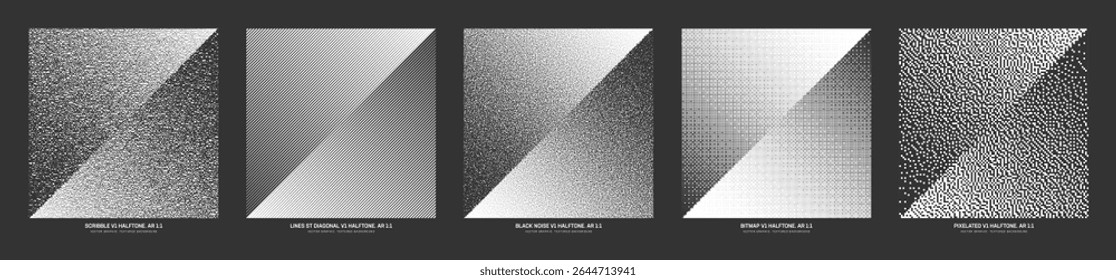 Assorted vector halftone patterns set in square 1:1 aspect ratio including scribble, diagonal lines, black noise, bitmap and pixelated textures. Different black and white textured abstract backgrounds