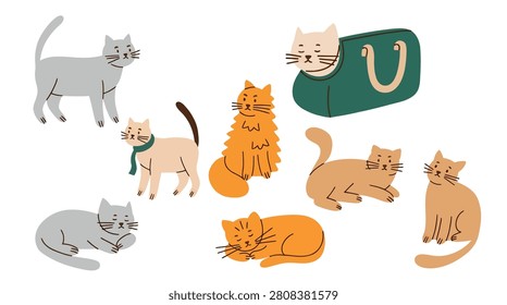 Assorted vector illustrations of cats in different postures, captured in a clean, minimalist hand-drawn style, suitable for pet accessories, grooming services, and blogs.