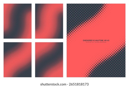 Padrão de meio-tom preto quadriculado vermelho vetorial variado definido na taxa de proporção vertical 4:5, incluindo quadro torcido curvo suave e várias texturas. Conjunto de elementos de design gráfico de meio tom pontilhado variável