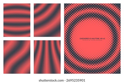 Padrão de meio-tom preto quadriculado vermelho vetorial variado definido na taxa de proporção vertical de 4:5, incluindo quadro redondo listrado e várias texturas distorcidas. Pacote de elementos de design gráfico de meio tom pontilhado variável