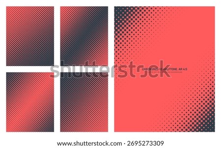 Assorted vector red black checkered halftone pattern set in vertical 4:5 aspect ratio including diagonal frame and various tilted textures. Different dotted half tone graphic design element collection