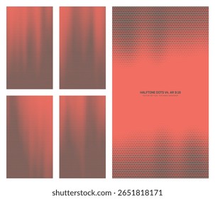 Padrão de meio-tom vermelho preto pontilhado de vetor sortido definido na taxa de proporção vertical de 9:16, incluindo quadro desbotado e várias texturas borradas suaves. Coleção de elementos de design gráfico de deslocamento de meio tom variável