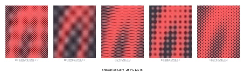 Assorted vector red black halftone patterns smooth dynamic textures set in vertical 4:5 aspect ratio including semicircle, inverted dots, scale, checkered squares and rhombus grids. Half tone designs