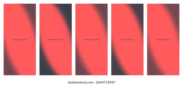 Assorted vector red black halftone pattern rounded angular frames set in vertical 9:20 aspect ratio including stars, scale, pop art dots, checkered squares and chevron grids. Various half tone texture
