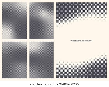 Assorted vector retro style inverted dots halftone pattern set in vertical 2:3 aspect ratio including faded frame and various smooth blurred textures. Varied offset print vintage design element bundle