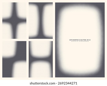 Assorted vector retro style inverted dots halftone pattern set in vertical 2:3 aspect ratio including rounded frame and various textures. Varied half tone offset printing vintage design element bundle