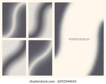 Assorted vector retro style inverted dots halftone pattern set in vertical 2:3 aspect ratio including curved twisted frame and various distorted textures. Varied offset printing design elements bundle