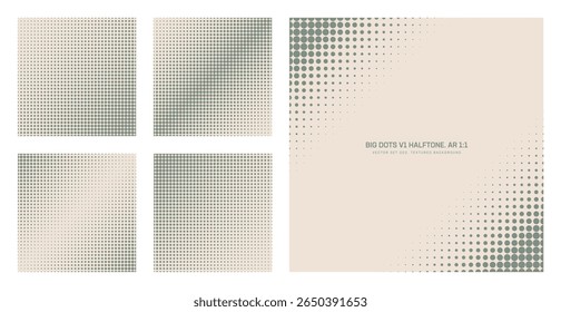 Padrão de meio-tom com estilo retrô vetorial de grandes pontos em negrito definido na proporção quadrada de 1:1, incluindo quadro angular e várias texturas desbotadas. Pacote de elementos de design versátil gráfico texturizado pontilhado