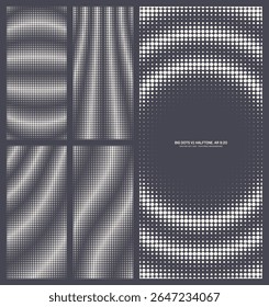 Padrão de meio-tom de grade de pontos grandes em negrito com estilo retrô de vetor sortido definido na taxa de proporção vertical de 9:20, incluindo quadro redondo listrado e várias texturas. Conjunto de elementos de design texturizado de meio tom variado