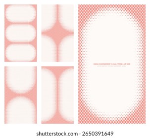 Vetor sortido estilo retro quadriculado traço grade branco vermelho meio-tom padrão definido na vertical 9:16 taxa de proporção, incluindo quadro oval e várias texturas arredondadas. Conjunto de elementos de design de meio tom variável