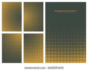 Padrão de meio-tom verde escuro amarelo quadriculado estilo retro variado vetor escala semicírculo quadriculado verde escuro definido na taxa de proporção vertical 2:3, incluindo borda redonda e várias texturas radiais. Elementos de design variados