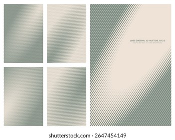 Padrão de meio-tom de linhas diagonais dinâmicas com estilo retrô vetorial sortido definido na taxa de proporção vertical de 2:3, incluindo quadro oval inclinado e várias texturas suaves. Elementos de design gráfico de meio tom variados