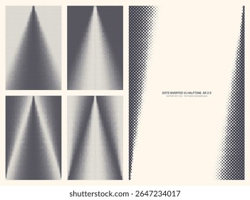 Assorted vector retro styled inverted dots halftone pattern set in vertical 2:3 aspect ratio including angular frame and various cone textures. Different offset print half tone design elements bundle