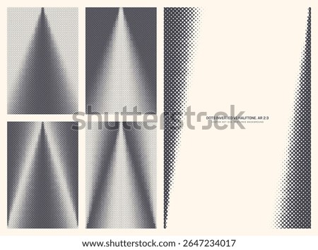Assorted vector retro styled inverted dots halftone pattern set in vertical 2:3 aspect ratio including angular frame and various cone textures. Different offset print half tone design elements bundle