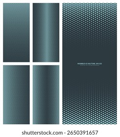 Assorted vector rhombus grid blue black halftone pattern set in vertical 9:20 aspect ratio including faded frame and various textures. Varied half tone graphics mod technology concept design elements