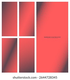 Vetor sortido quadrados grade ondulada vermelho preto padrão de meio-tom definido na taxa de proporção vertical 9:20, incluindo quadro angular desbotado e várias texturas. Conjunto de elementos de design gráfico de meio tom variado