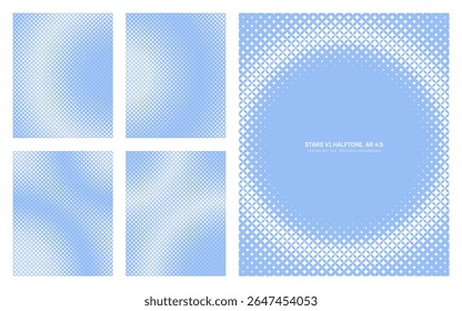 Vetor sortido estrelas grade luz azul luz padrão de meio-tom definido na vertical 4:5 taxa de proporção, incluindo quadro redondo e várias texturas desbotadas. Modelo variado circular meio tom texturizado design elementos pacote