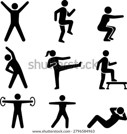 Assorted vector stick figures performing arm circles abdominal crunches and leg stretches for fitness infographics.