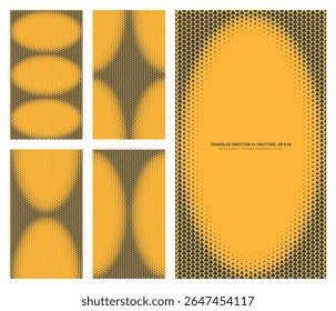 Padrão de meio-tom preto amarelo da grade de triângulos vetoriais sortidos definido na taxa de proporção vertical de 9:16, incluindo quadro oval e várias texturas. Conjunto de elementos de design texturizado de meio tom estilo retro variado