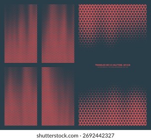 Assorted vector triangles hexagonal grid red black halftone pattern set in vertical 9:16 aspect ratio including smooth blurred faded border and flowing textures. Varied half tone design element bundle