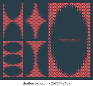 Assorted vector triangles hexagonal grid red black halftone pattern set in vertical 9:16 aspect ratio including oval frame and various unique textures. Half tone textured retro styled design elements