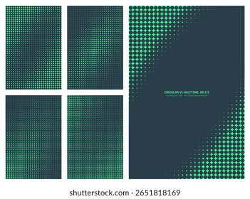Padrão de meio-tom circular turquesa de vetor sortido definido na proporção vertical de 2:3, incluindo quadro oval angular e várias texturas suaves. Coleção de elementos de design gráfico de meio tom pontilhado variável