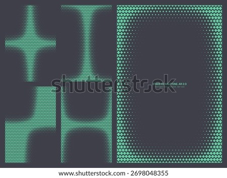 Assorted vector turquoise stylized stars grid halftone pattern set in vertical 2:3 aspect ratio including faded rounded frame and various classy unique shapes. Varied half tone design elements bundle