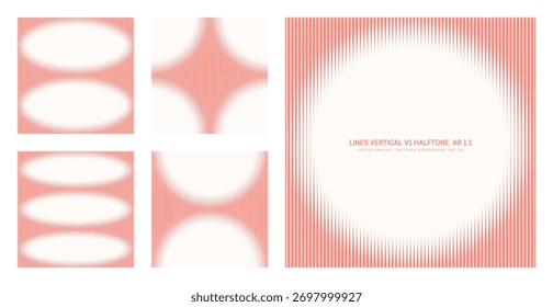 Assorted vector vertical lines light red striped halftone pattern set in square 1:1 aspect ratio including faded round frame and various borders. Different half tone graphic design elements collection