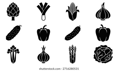 Ícones vegetais sortidos Legumes pretos e brancos, produzir, alimentos, alimentação saudável